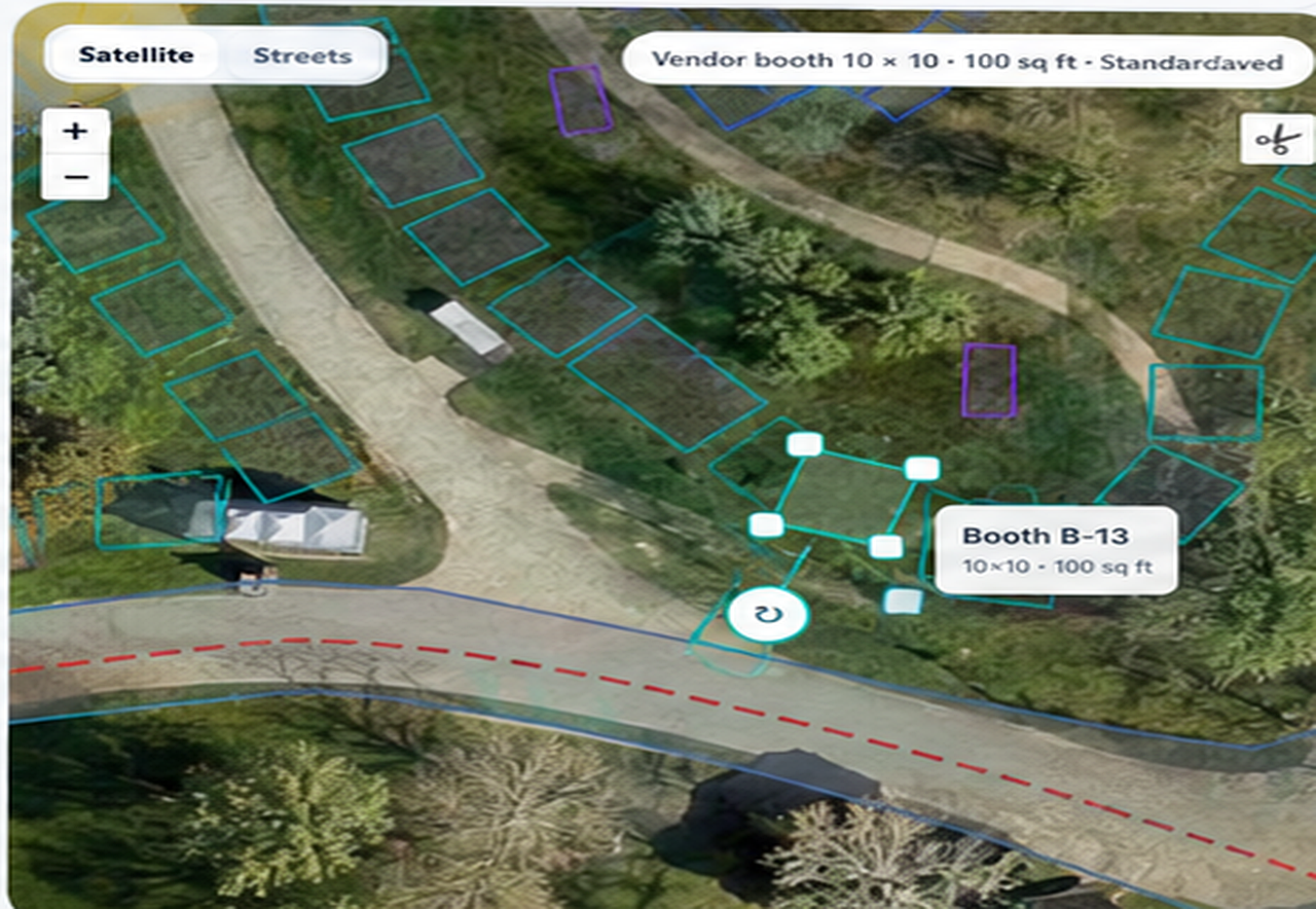 Satellite-style event site planning map with vendor booths, selected booth handles, paths, utilities, and route overlays