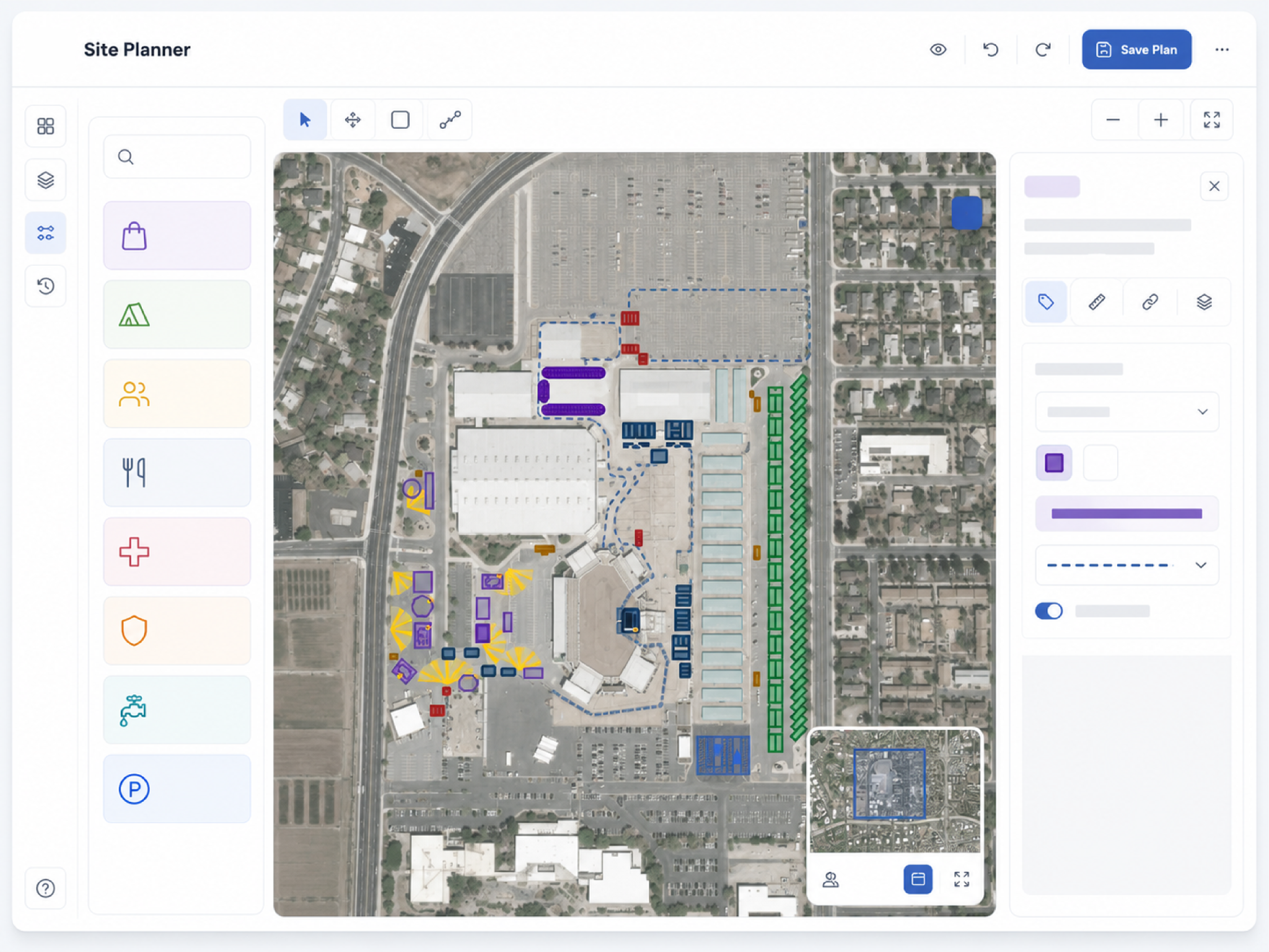 FestAxis Site Planner arranging stages, vendor spaces, amenities, parking, and activity zones on an event map