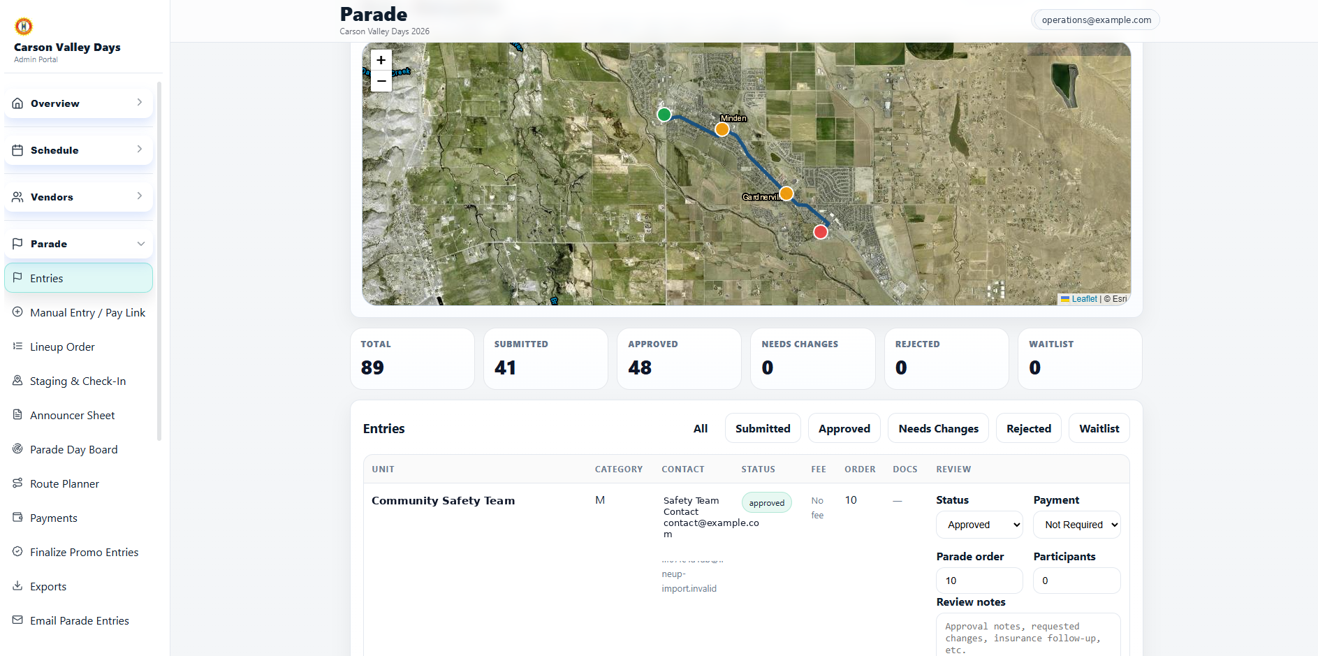 Parade management screenshot from FestAxis