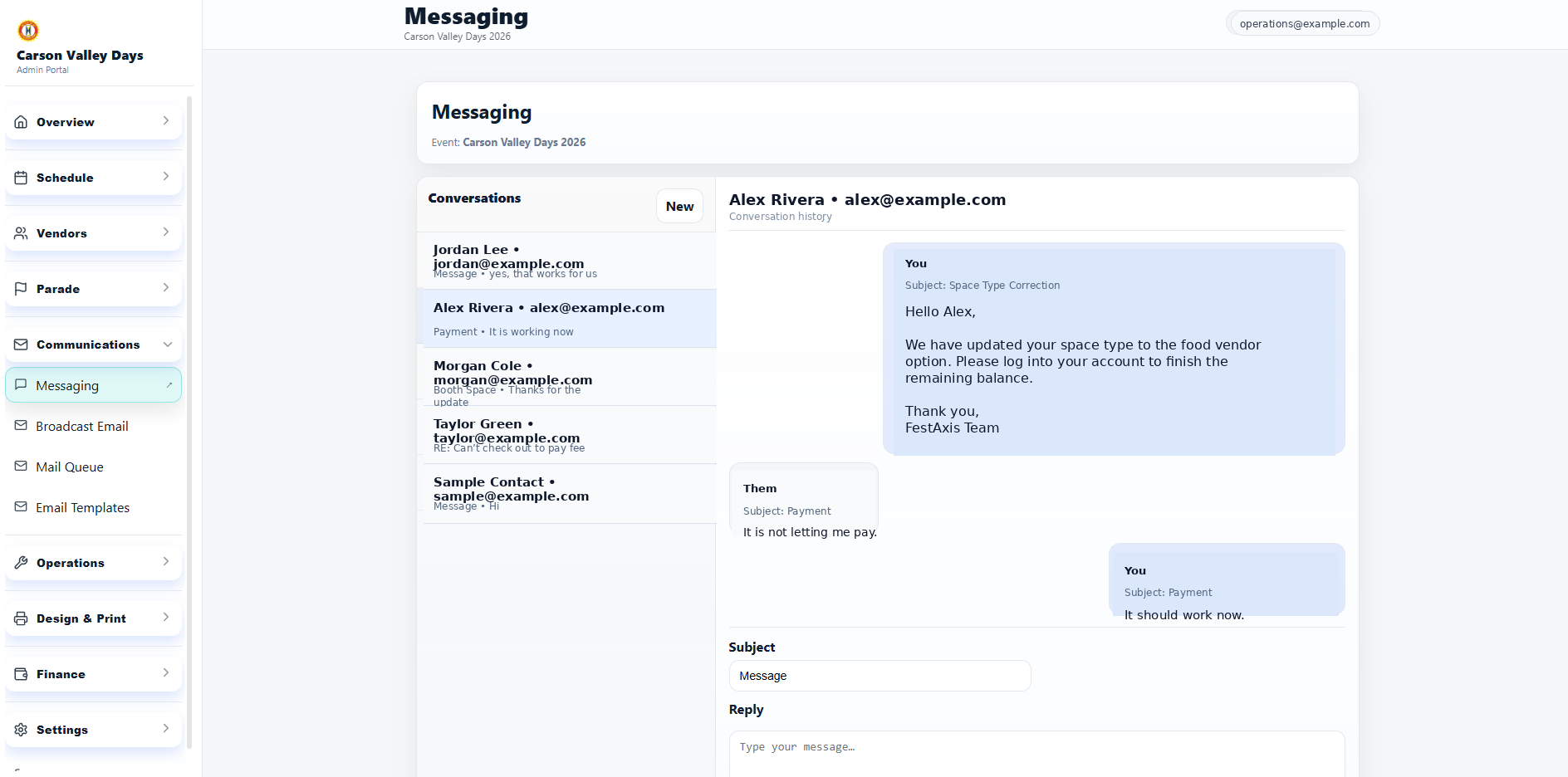 Vendor communication screenshot from FestAxis