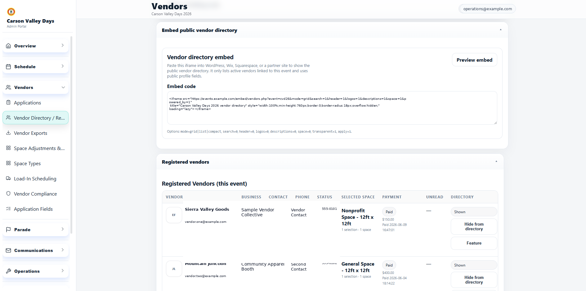 Vendor directory screenshot from FestAxis